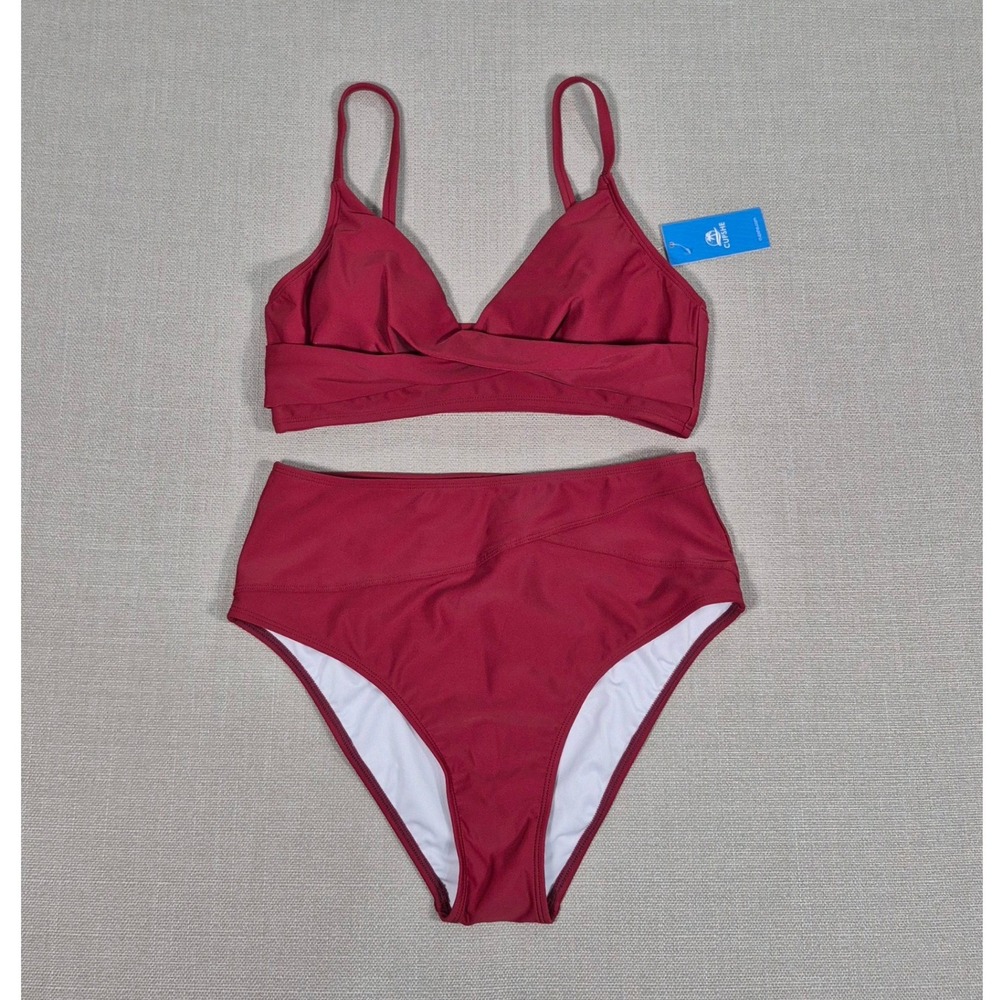 Cupshe‎ Burgundy Wrap V-Neck Bikini Set High Waisted Swimsuit New Womens Size M